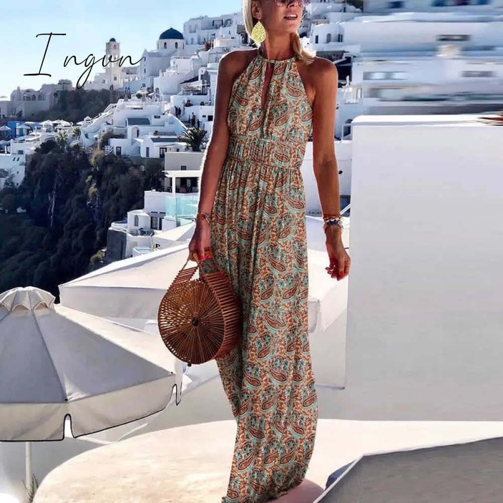 Ingvn - Summer Boho Floral Print Long Party Dress Women Elegant Halter Sleeveless Maxi Dress Spring Backless Hollow Out Dresses 2XL