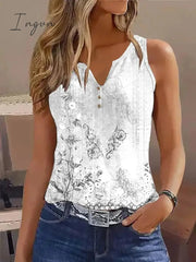 Ingvn - Women's Tank Top White Red Blue Floral Button Print Short Sleeve Casual Holiday Basic V Neck Floral