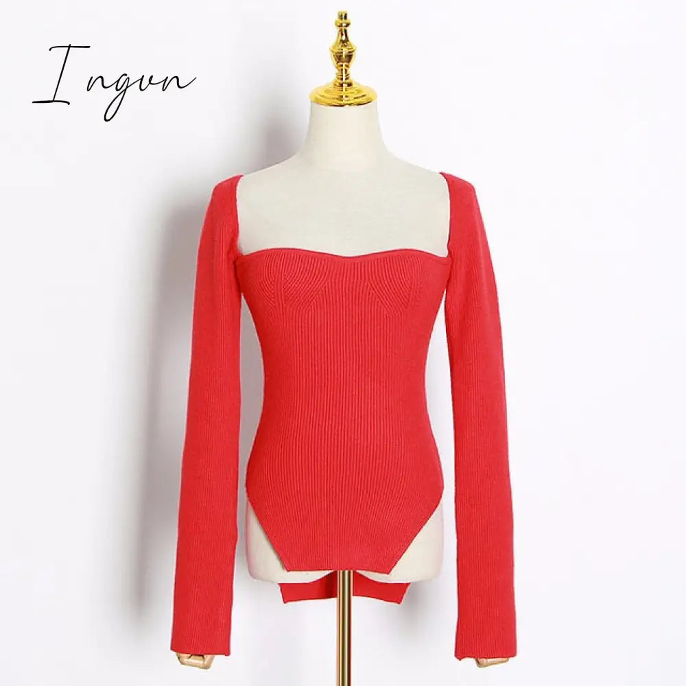 Ingvn - White Side Split Knitted Women's Sweater Square Collar Long Sleeve Sweaters Female Autumn Fashion New Clothes