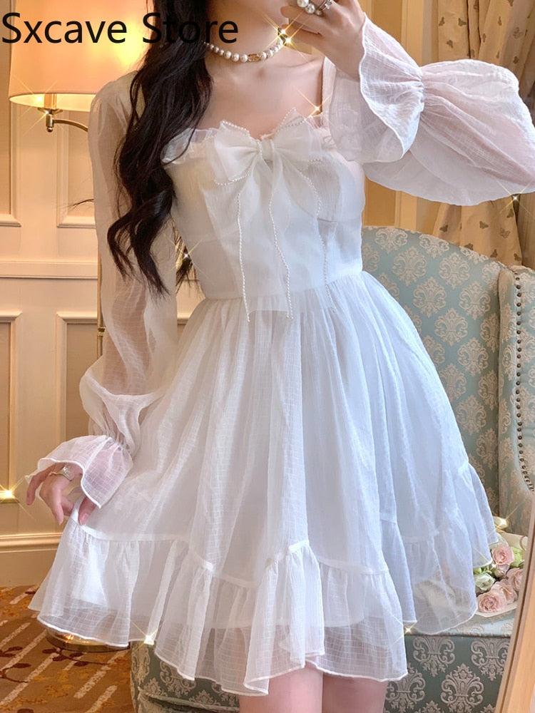French Sweet Fairy Lolita Dress Women Long Sleeve Lace Y2k Mini Dress Vintage Kawaii Clothes One Piece Dress Korean Autumn spring