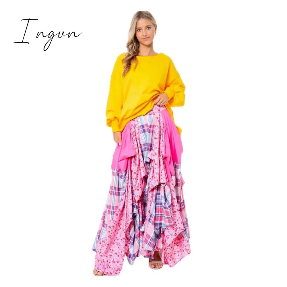 Ingvn - Womens Fashion Ladies Fashion Stitching Printed Plaid Young Fashion Casual Bohemian Super Loose Multicolor Skirt