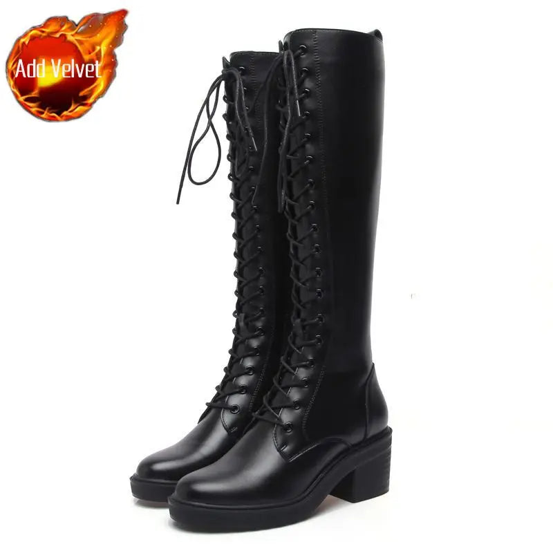 Ingvn  Footwear Long Ladies Boots Elegant Heeled High Heels Shoes for Women Lace-up Winter Knee Shaft with Laces White Spring Autumn Pu