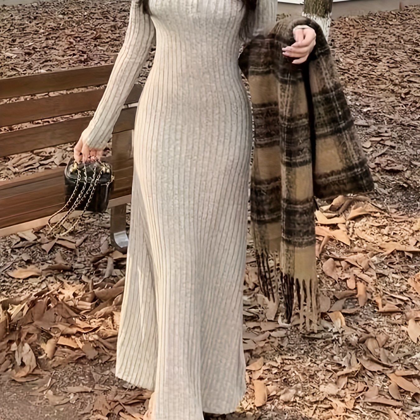 [Long Sleeve Fall Dress] Ribbed V Neck Dress, Casual Long Sleeve Dress For Fall & Winter, Women's Clothing