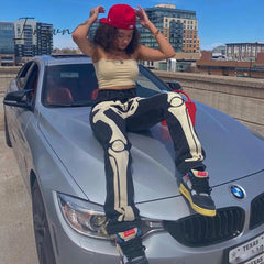 Ingvn - Women Skeleton Printed Jeans Trousers Casual Halloween Pattern Mid-waist Button Pencil Pants Autumn Y2K Gothic Fashion Bottoms