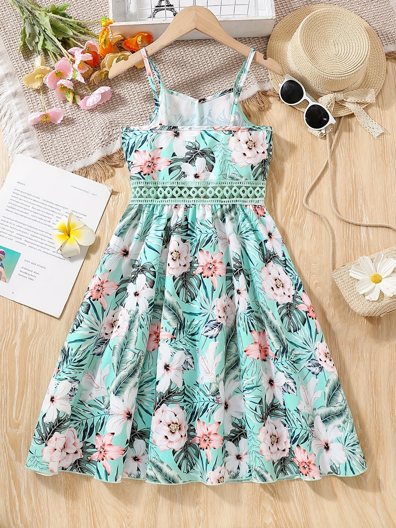 Long Length Girls Floral Print Bohemian Lace Waistline Suspender Dress - Delicate Contrast Lace, Non-Stretch Polyester Fabric, Regular Fit, Perfect for Summer Holiday and Casual Outings