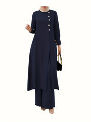 Two-piece Set, Elegant Solid Color Long Sleeve T-shirt & Loose Pants Outfits, Women's Clothing