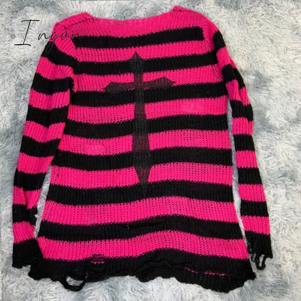 Ingvn - Plus Size Punk Gothic Long Unisex Sweater Dress Cool Hollow Out Hole Broken Jumper Loose Rock Thin Sweter Women Man Striped