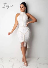 Ingvn - XL XXL High Quality Celebrity White Black Tassel Beading Sexy Rayon Bandage Dress Cocktail Party Dress