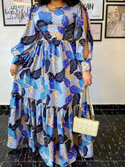 Ingvn - Summer Party Long Maxi Dress Women Long Sleeve Slit Vintage Printed Pleated Bohemian Beach Sundress Casual Vestido