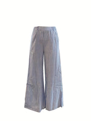 Stripe Print Matching Two-piece Set, Casual Crew Neck Tank Top & Wide Leg Pants Outfits, Women's Clothing