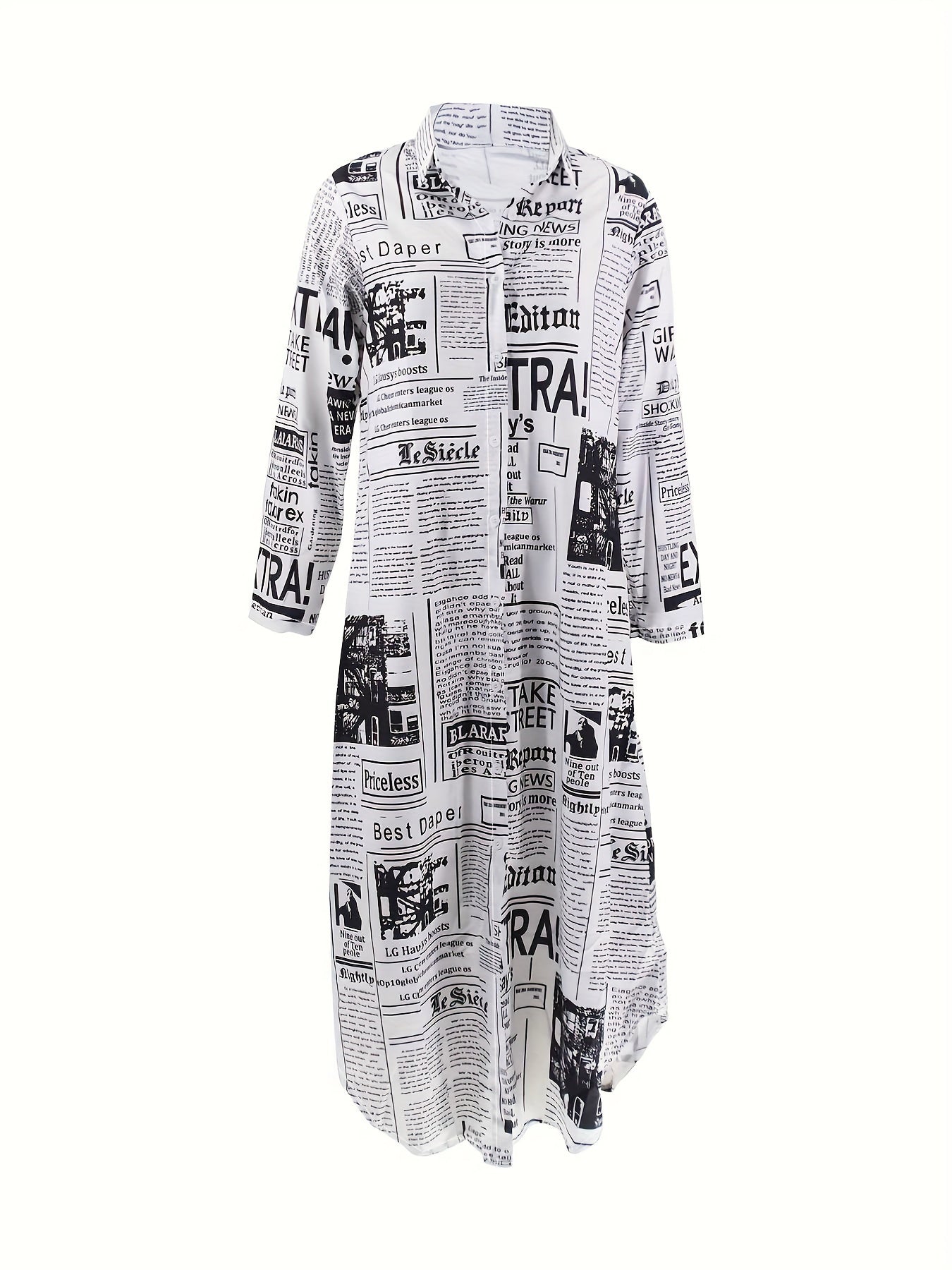Chic Newspaper Print Womens Dress - Versatile Button-Down Style with Flattering Long Sleeves - A Fashionable Everyday Shirt Dress for Your Wardrobe