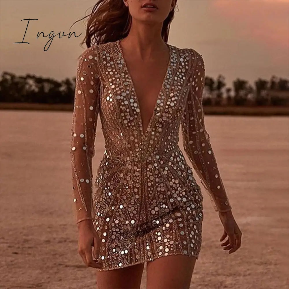 Ingvn - Party Dresses For Women 2023 Bodycon Lady Deep-V  Slim Elegant Long-Sleeved Sequin Dress Women's Club Rave Gold Night