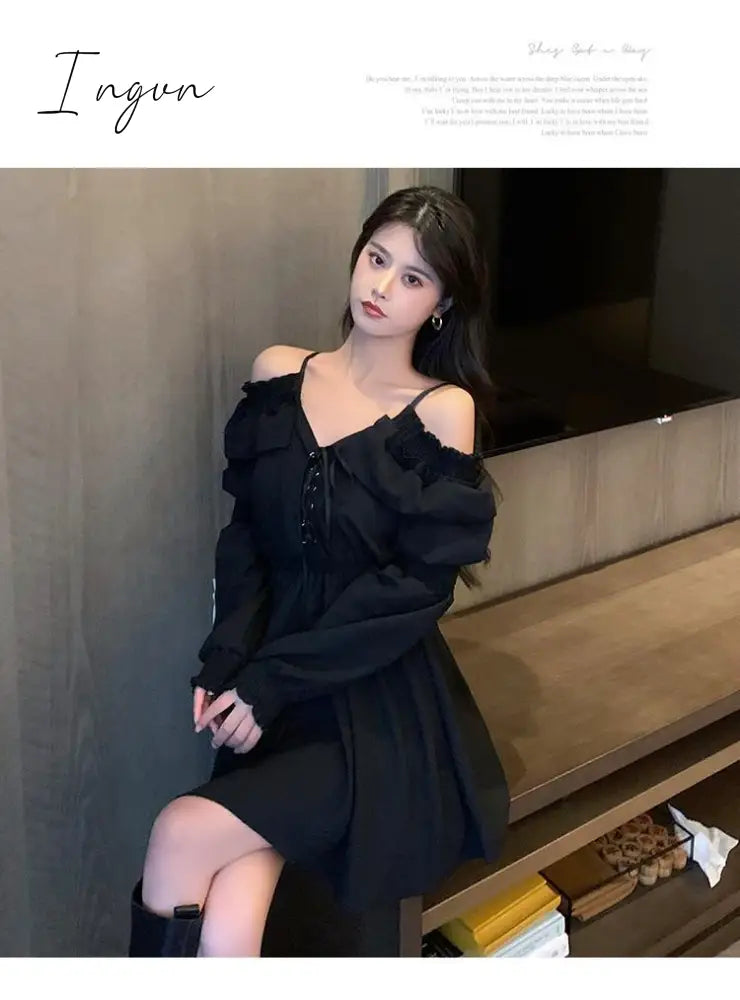 Ingvn - Gothic Black Dress Women Casual Button Lace Evening Party Sexy Mini Dress Female Long Sleeve One-piece Dress Korean Autumn