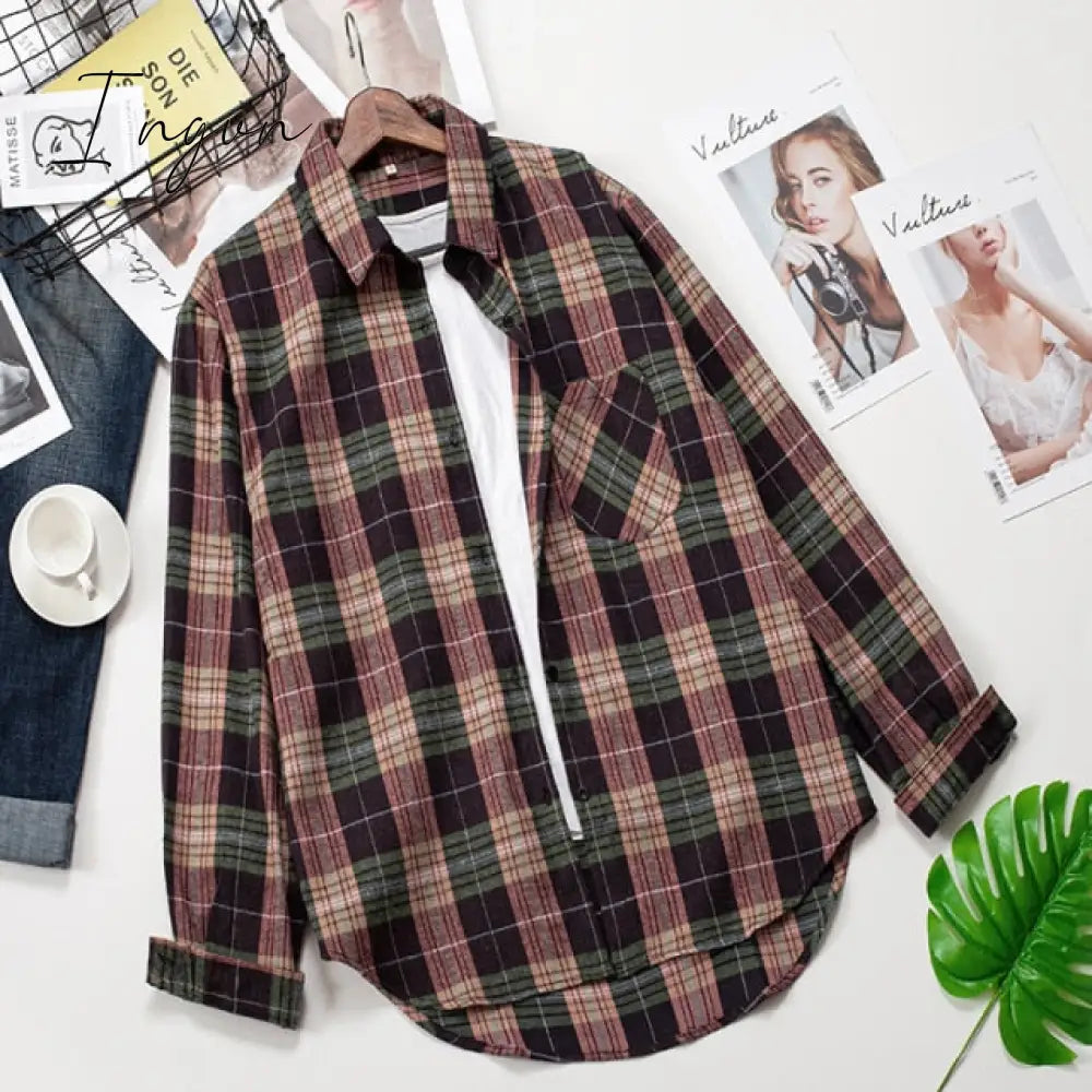 Ingvn - Plaid Shirts Womens Blouses Long Sleeve Lady Checked Tops Loose Female Outwear Casual Clothes Spring Autumn News