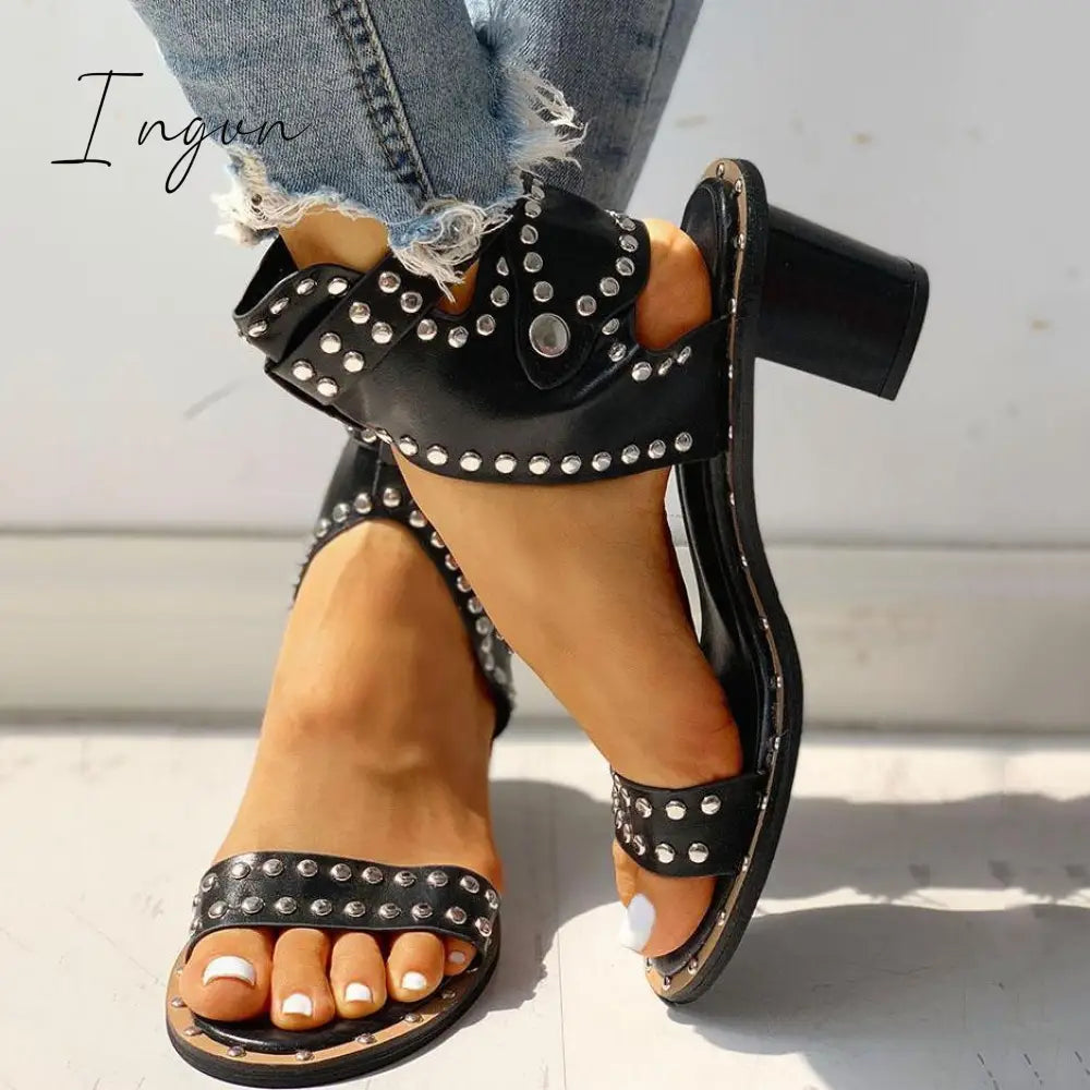 Ingvn - Open Toe Rivet Chunky Heeled Sandals For Women