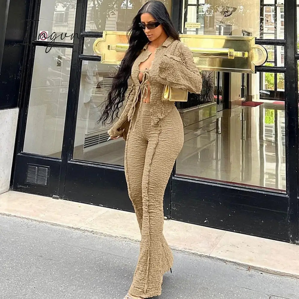 Ingvn - Fall 2 Pieces Set Tracksuits Women Clubwear Festival Outfit Turndown Neck Solid Long Flare Sleeve Crop Top And Pants