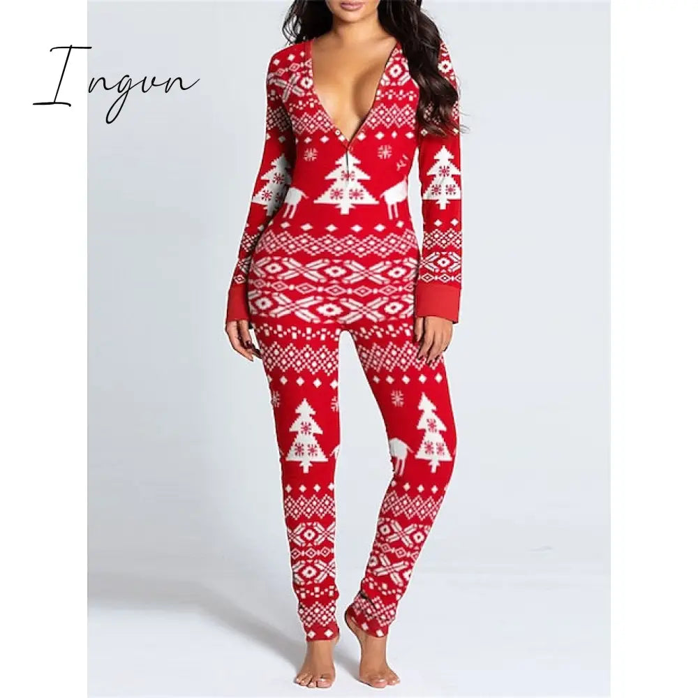 Ingvn - Women's Pajamas Jumpsuit Elk Snowflake Casual Comfort Soft Home Christmas Daily Polyester Breathable V Wire Long Sleeve Hole Fall Winter White Red