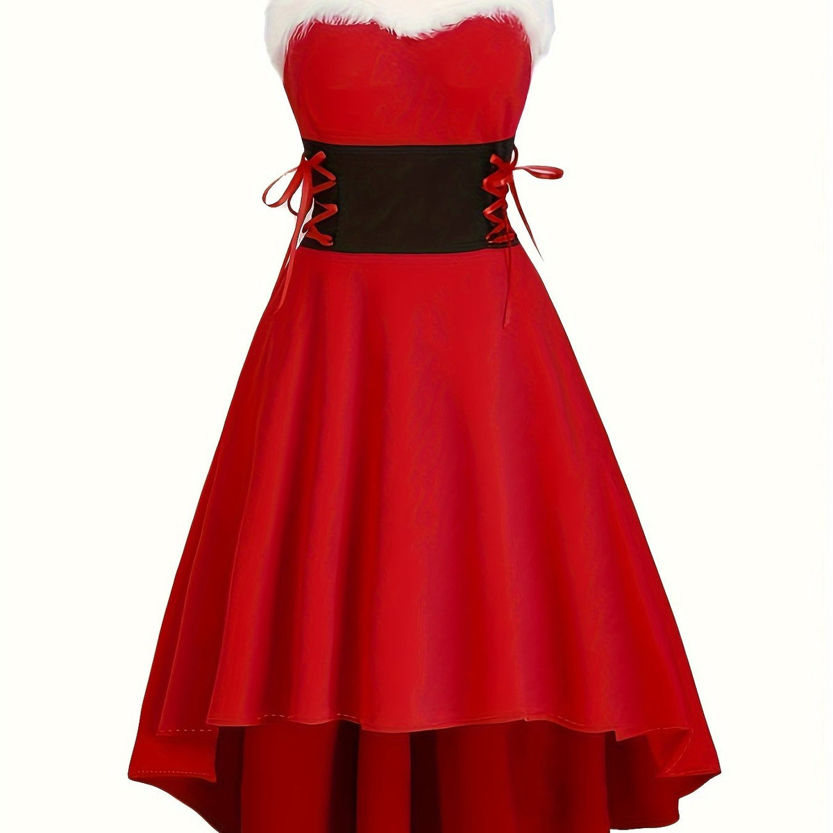 Vintage-Inspired Faux Fur Aline Swing Tank Dress - Contrast Trim, Asymmetrical Hem, Cross Tie Detail, Christmas Party Dress - Women's Clothing, Holiday Season Fashion