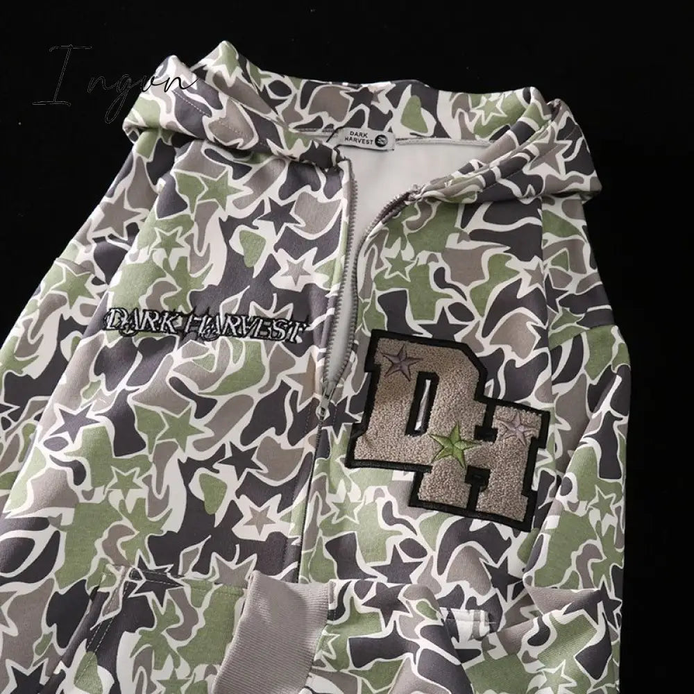 Ingvn - Harajuku Demon Embroidery Hoodies Oversized Camouflage Sweatshirt Gothic Goth Zip Up Hoodie Y2k Clothes Couples Streetwear Women