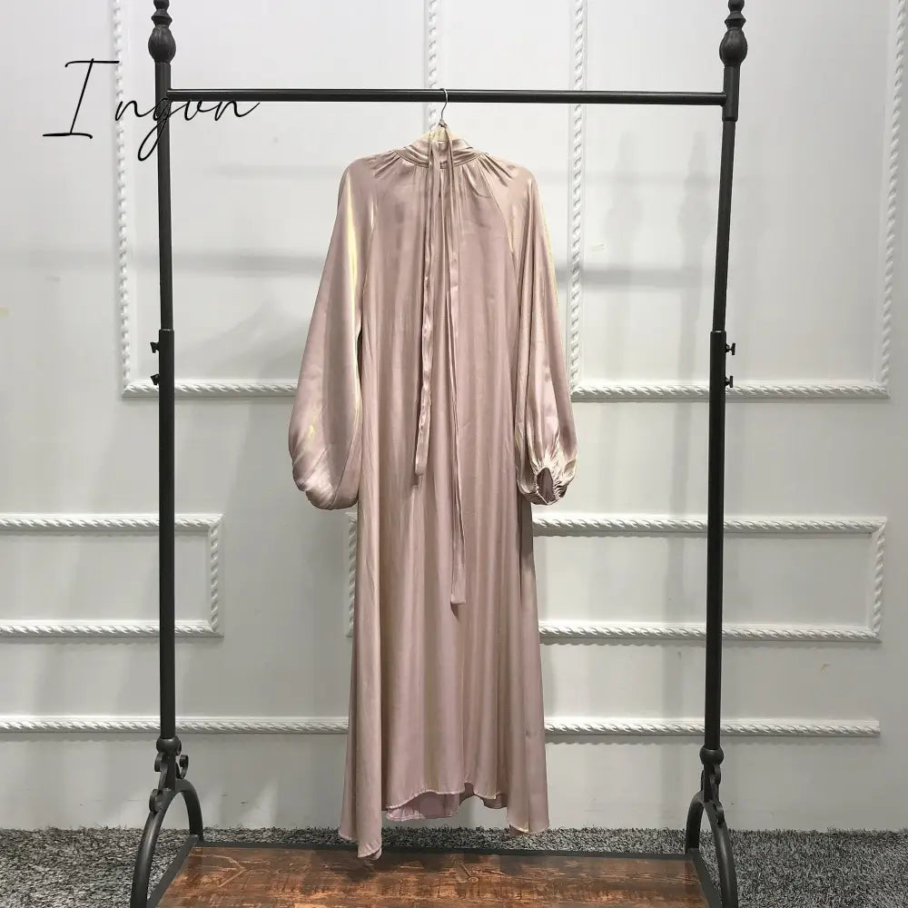 Ingvn - New Morocco Long Dress Muslim Women Flowers Printed Silky Long Abayas Robes Fancy Maxi Dress French Stylish Islamic Dress Belt