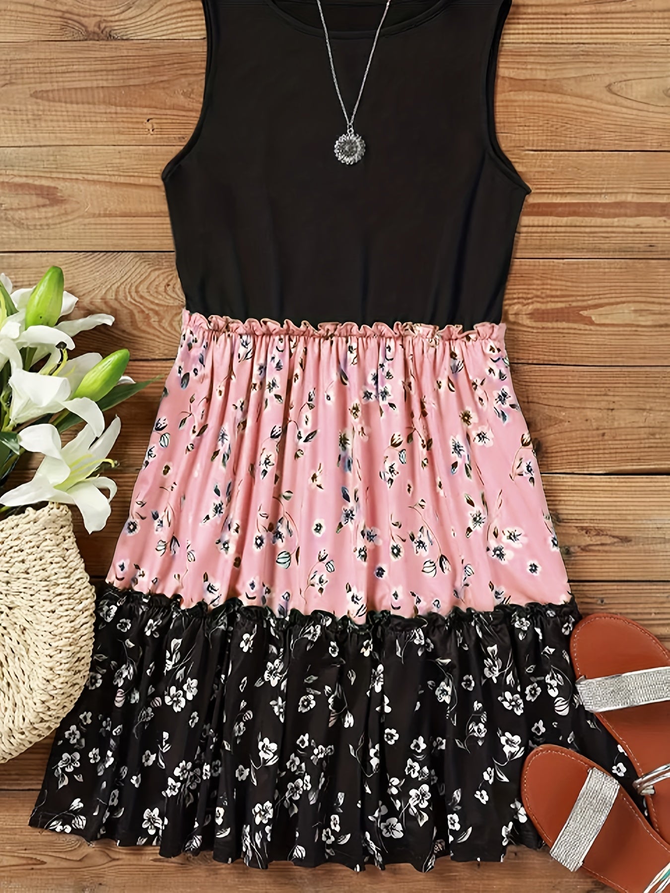 Boho Chic Floral Print Tank Dress - Color Block Crew Neck - Flowy Sleeveless for Summer - Fashionable Womens Clothing