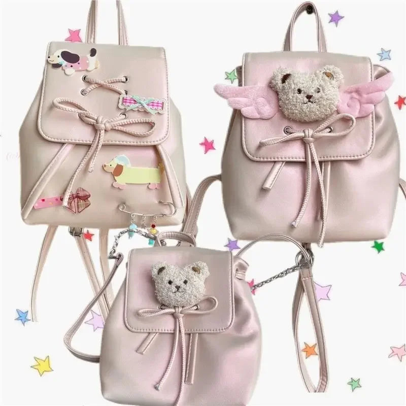 Ingvn  Y2k Backpack Women Fashion Cartoon Bear Spice Girls Backpacks for Ladies Pink Casual Versatile Design Drawstring Bag