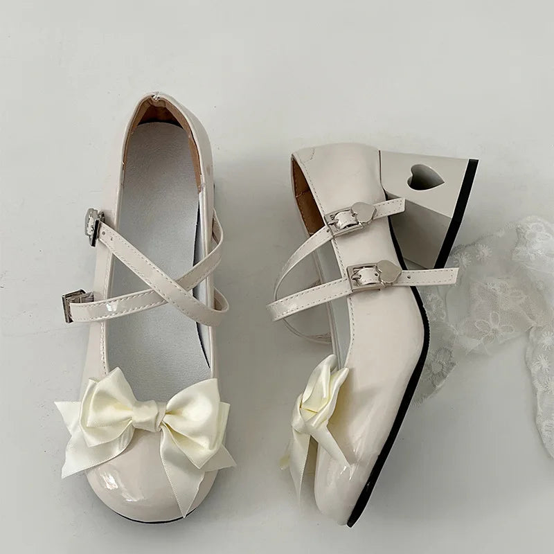 Pink Mary Jane Lolita Shoes Women Autumn Patent Leather Low Heels Pumps Woman Silk Bowtie Ankle Straps Loafers Party Shoes