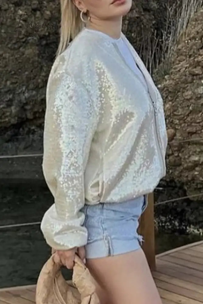 Ingvn - Casual Street Solid Sequins Pocket O Neck Outerwear