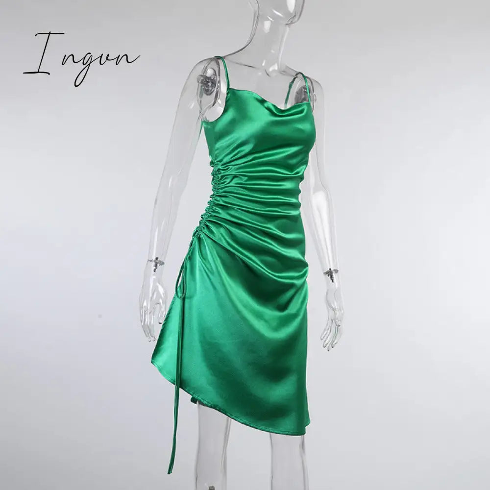 Ingvn - Satin Side Split Ruched Women's Dress Sleeveless Square Collar Party Dresses Solid Elegant Clubwear Evening Vestidos