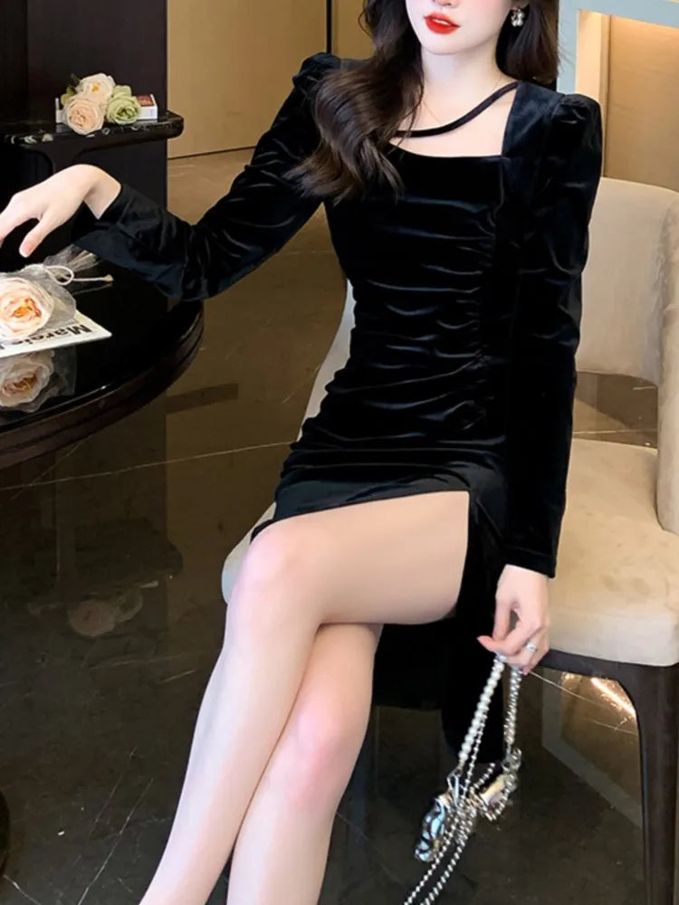 Vintage Bodycon Velvet Party Dresses for Women Elegant Slim Slit Evening Prom Vestidos Autumn Female One Piece Black Clothes New