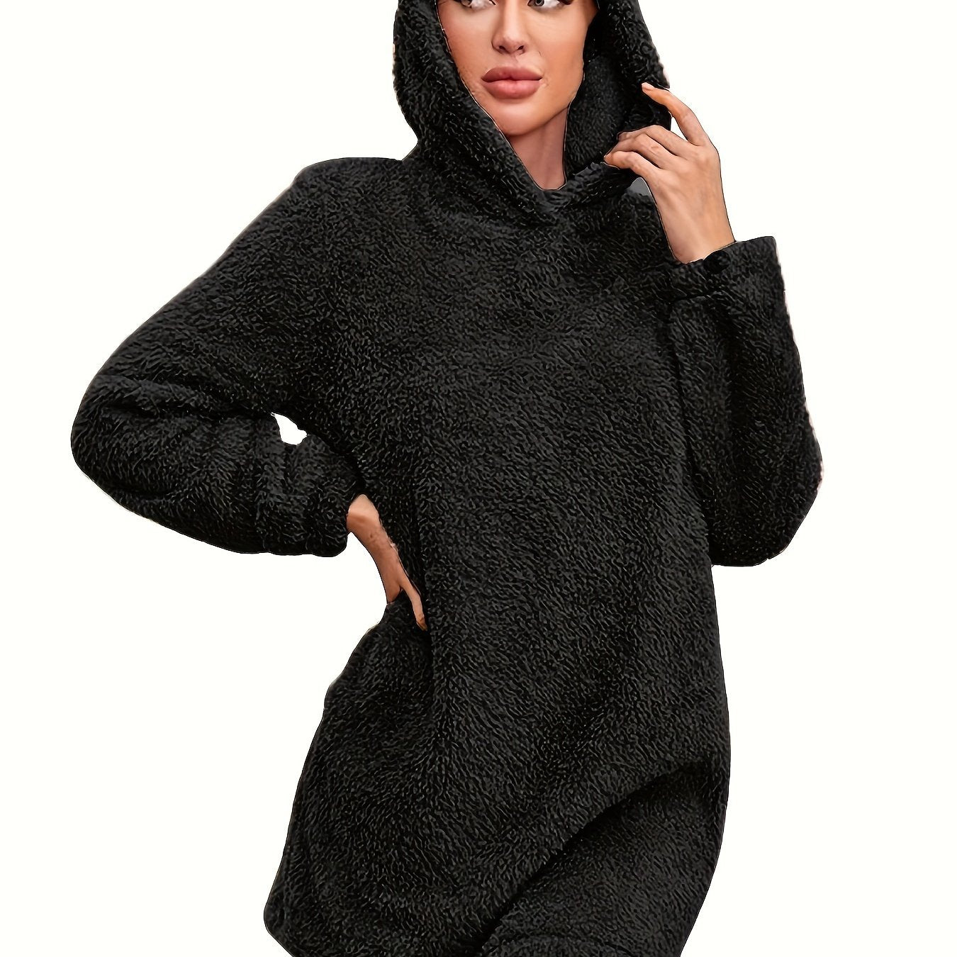 Cozy Fuzzy Solid Color Loose Fit Hooded Dress - Women's Casual Long Sleeve Dresses for Fall & Winter - Soft, Warm, and Comfortable Clothing for Everyday Wear