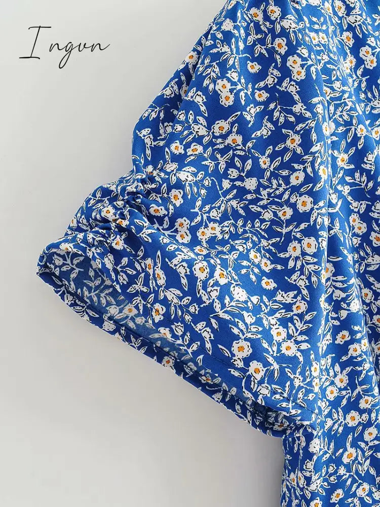 Ingvn - Fashion Foridol Blue Floral Print Summer Beach Dress Women Casual Holiday Short Sleeve Dress Boho Sundress Vestidos Fashion Clothes