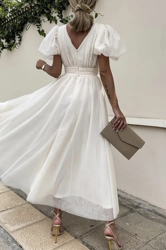Ingvn- Elegant Solid Lace Mesh V Neck Evening Dress Dresses