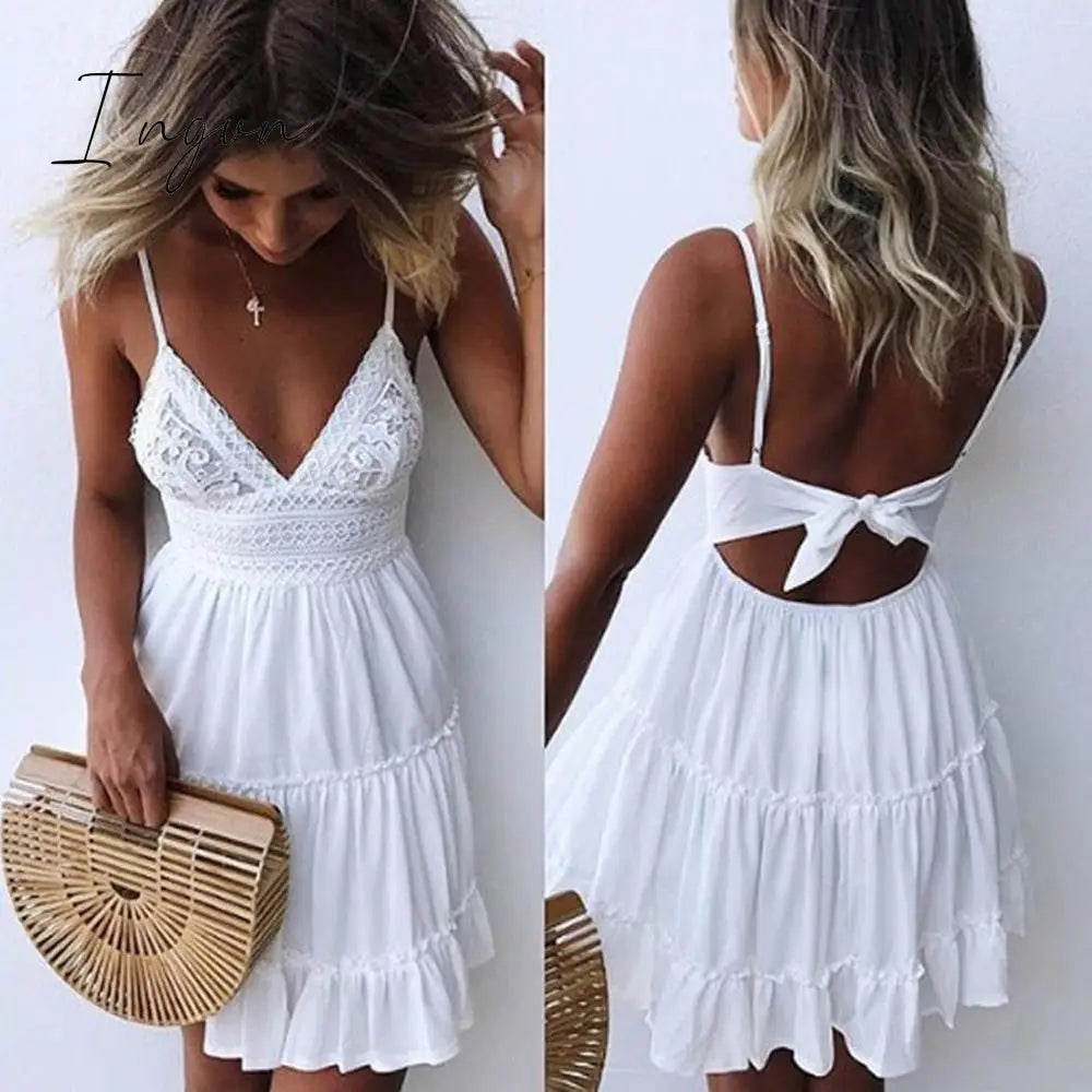 Ingvn - Fashion Boho Long Maxi Dress Women Summer Ladies Sleeveless White Beach Dress