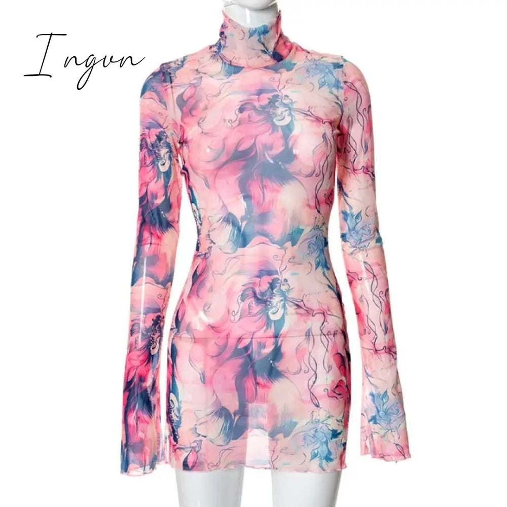 Ingvn - Long Sleeve Printed Tie Dye Bodycon Mini Dress Women Autumn Elegant Party Evening Sexy Fashion Casual Slim Vacation Dresses