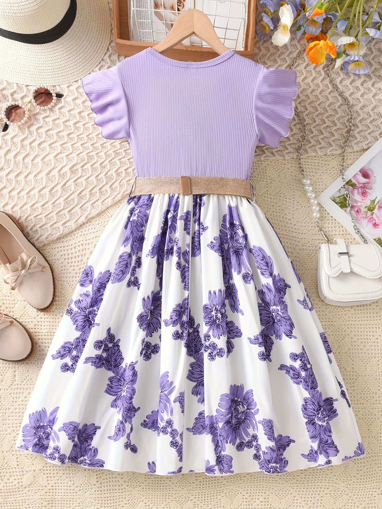 Girls Charming Floral Embroidered Dress - Soft Ribbed Flutter Sleeve - Perfect for Summer Casual Wear