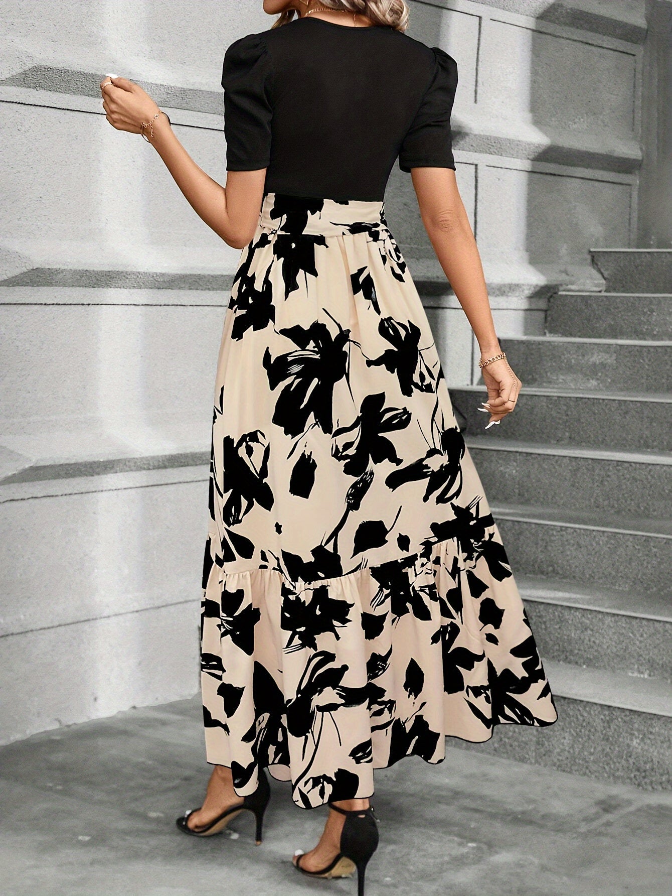 Lace Up Floral Print Splicing Dress, Elegant Crew Neck Short Sleeve Dress For Spring & Summer, Women's Clothing