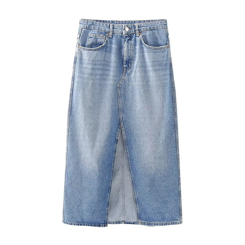 Tassel Trimmed Women Elegant Straight Slit Maxi Denim Skirt Spring Summer Fashion Cotton Pockets Fashion Long Skirt