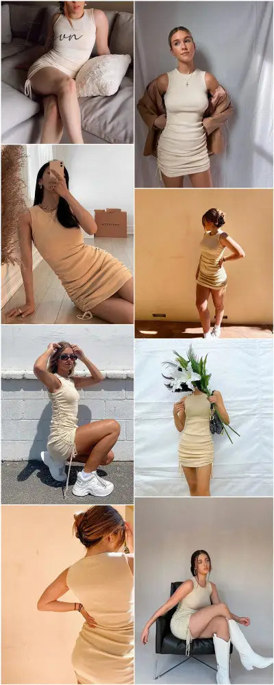 Ingvn - Cotton Ruched Drawstring Sexy Party Dress Women Sleeveless Elastic Mini Dress Vintage Summer Bodycon Club Wear Vestidos