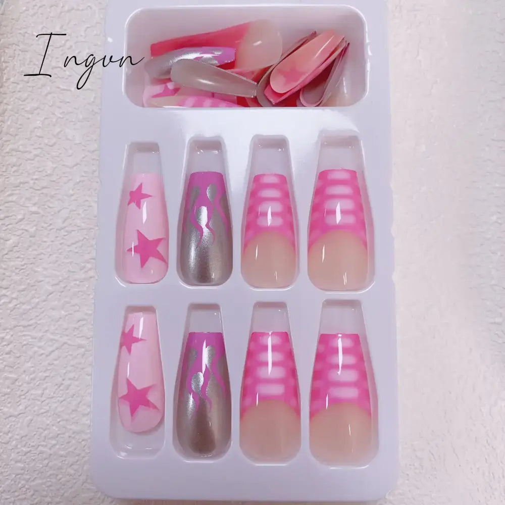 24Pcs Purple Y2K Press on Nails Star Designs Long Coffin False Nails Tips Reusable Ballerina Fake Nails for Women faux ongles