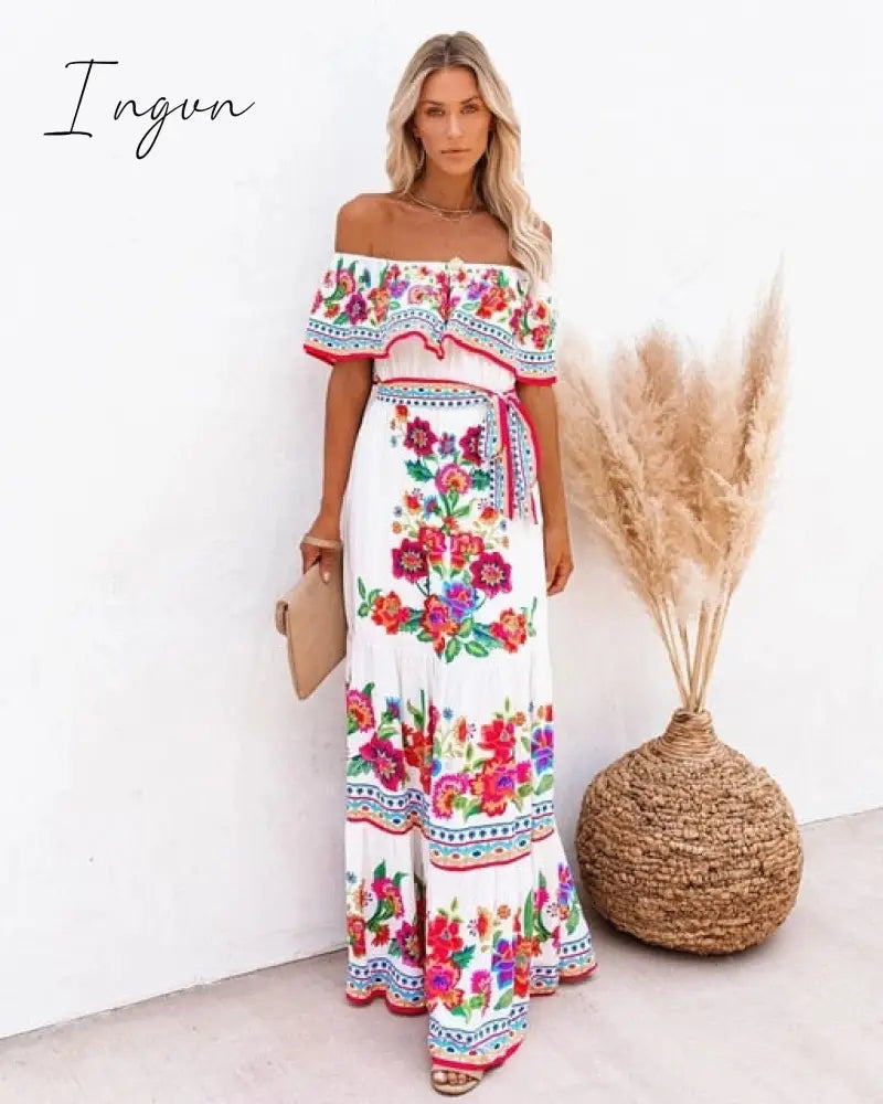 Ingvn - Summer Women's Dress White Floral Dress Off The Shoulder Long Dress Female Streetwear Casual Elegant Party Dresses Ladies