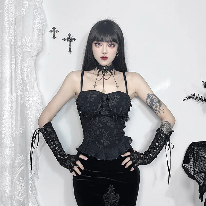Gothic Retro Jacquard Bead Pendant Vest Women's Grunge Sexy Backless Tank Tops E Girl Crop Tops Party Clubwear