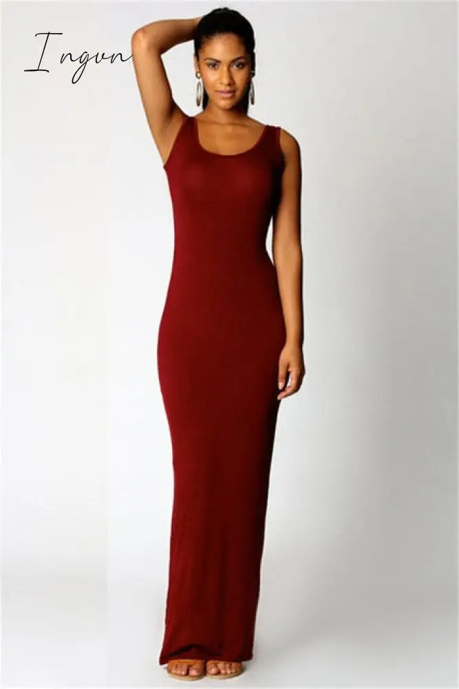Ingvn - High Stretch Tank Robe Spring Summer Thin Long Dress Vestidos Elegant Women Sexy Dress O-neck Sleeveless Slim Maxi Dress