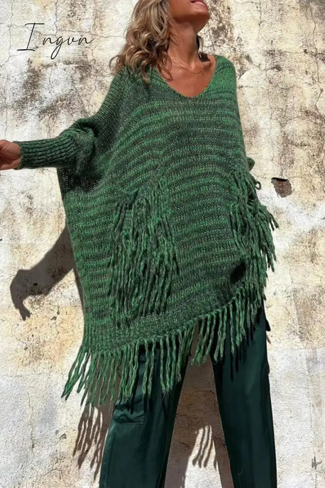 Ingvn - Casual Solid Tassel Pocket Weave O Neck Tops