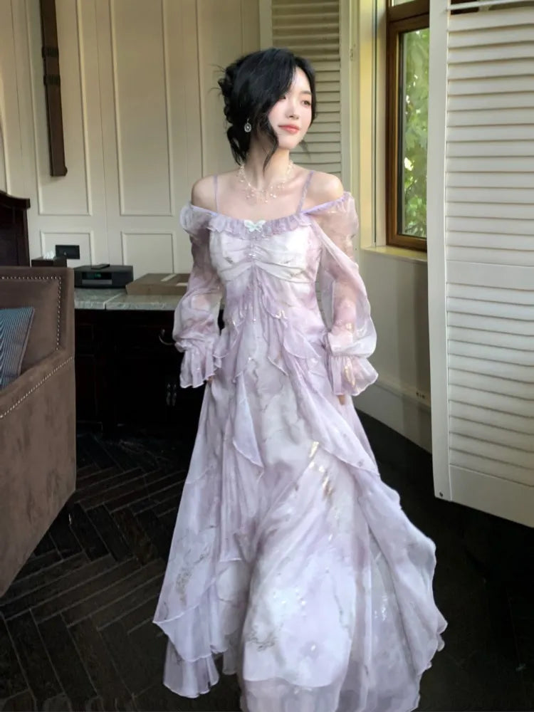 Autumn French Print Fairy Long Dresses for Women Elegant Off Shoulder Ruffles A-Line Birthday Party Dress One Piece Vestidos New