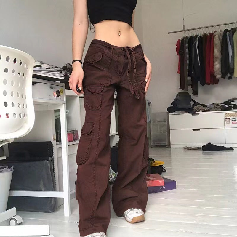 Voguable  Fashion American Trousers High Street Retro Gray Cargo Pants  Woman Sexy Low Waist Baggy Pants Casual Trousers Streetwear