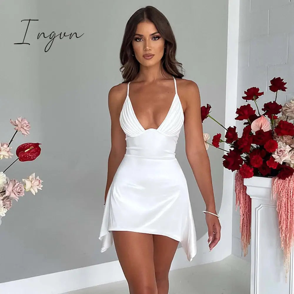 Ingvn - Satin Spaghetti Strap Sexy Mini Dress Women Robe Summer New Deep V Neck Sleeveless backless Club Party Dress Vestido