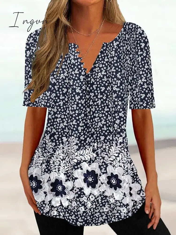Ingvn - Women's T shirt Tee Black White Navy Blue Floral Button Print Short Sleeve Holiday Weekend Tunic Basic Round Neck Regular Floral Painting S