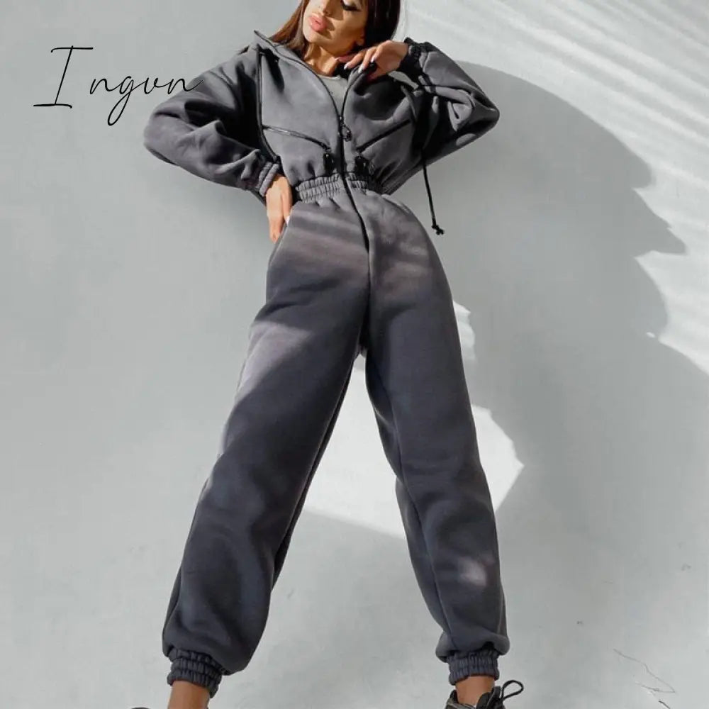 Ingvn - Casual Women Basic Hoodie Two Piece Sets Zipper Drawstring Jacket Outerwear And Elastic Pencil Pant Suit Autumn Winter Tracksuit