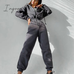 Ingvn - Casual Women Basic Hoodie Two Piece Sets Zipper Drawstring Jacket Outerwear And Elastic Pencil Pant Suit Autumn Winter Tracksuit